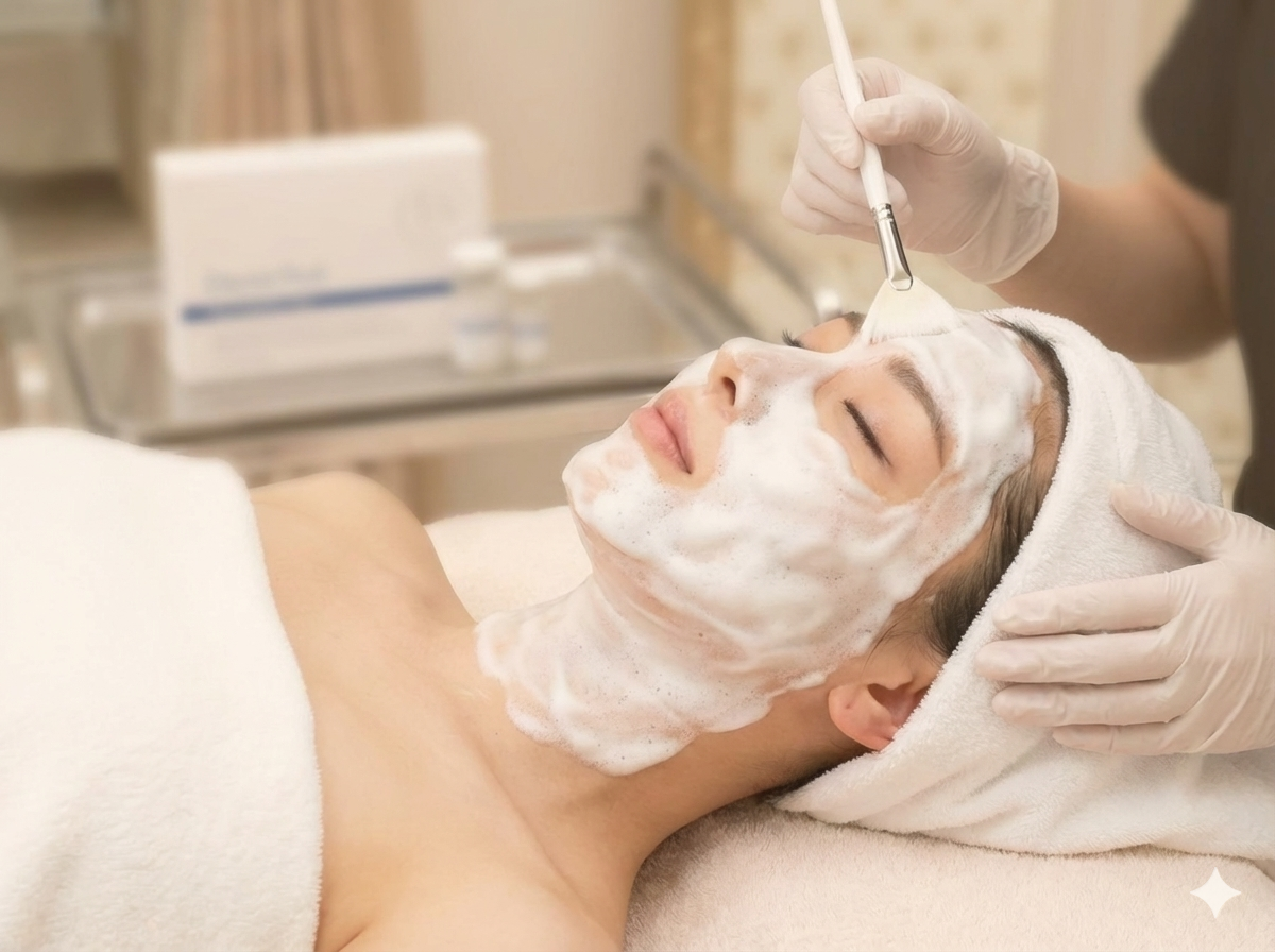 京都四条烏丸のサロンで行うダクトピール施術中の様子。毛穴ケア・角質除去を行う女性の肌アップ